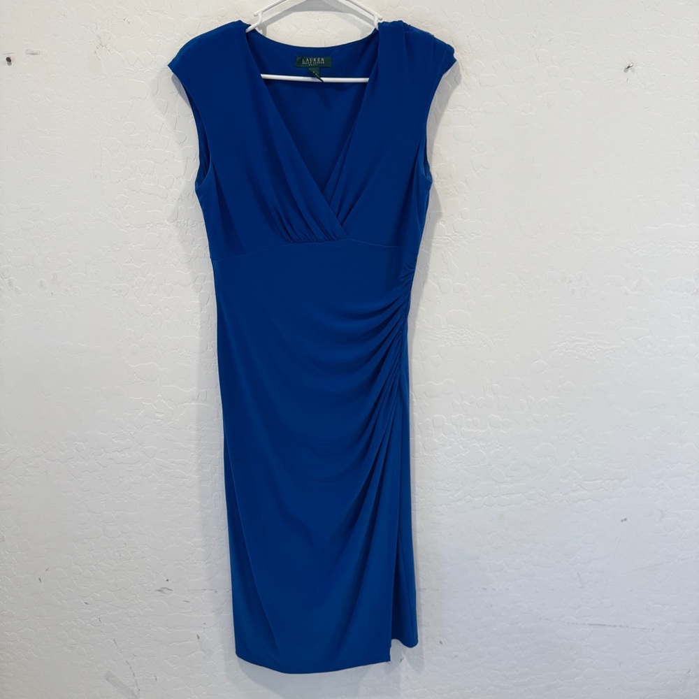 Lauren Ralph Lauren Blue Midi Dress Womens 6 Gathered V-Neck Cocktail Party